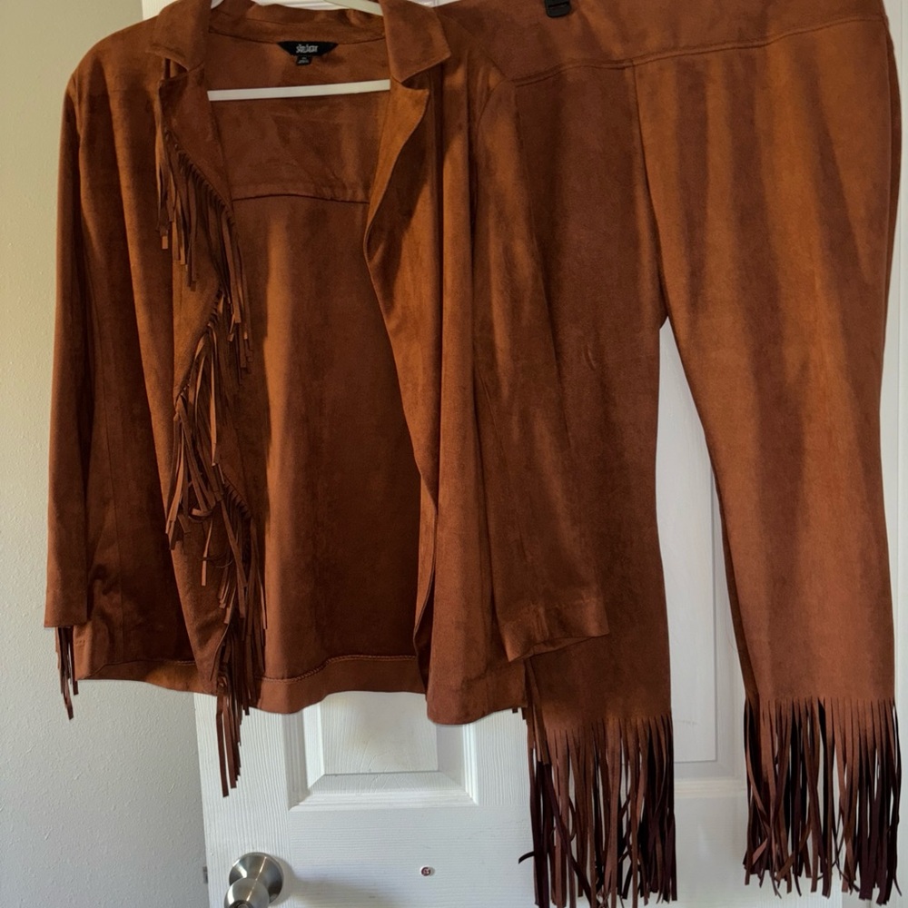 Slim Factors XL Fringe Faux Suede Brown Bootleg Crop Pants Blazer Boho Hippie